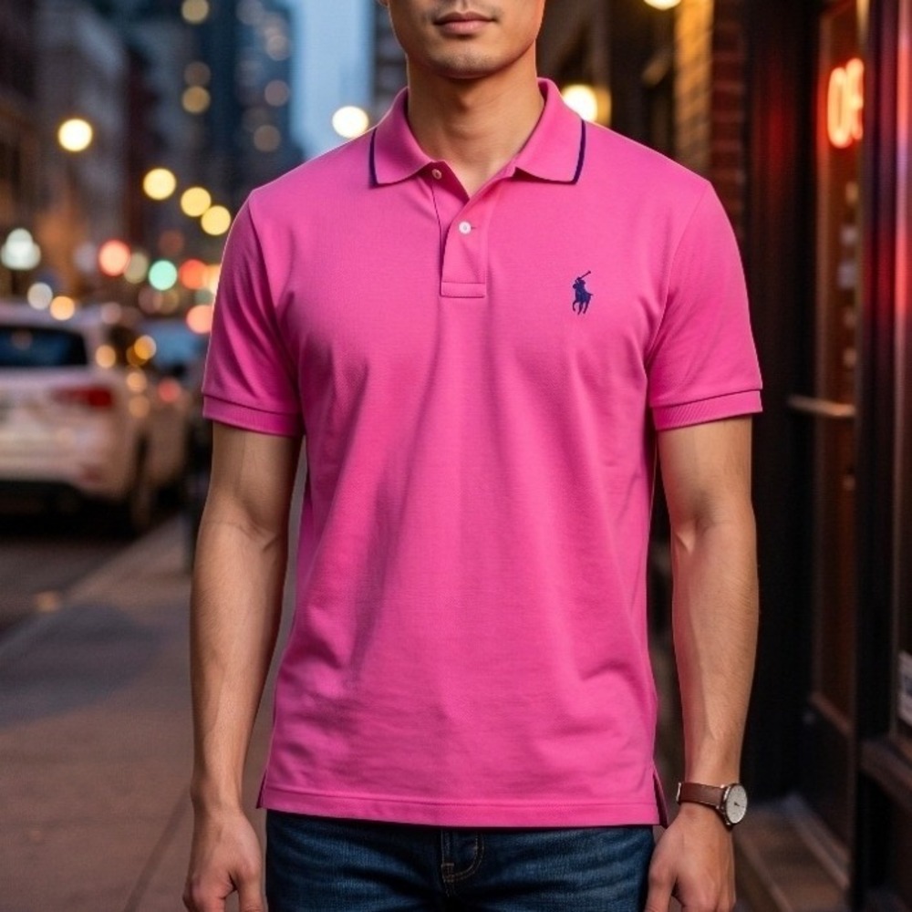Polo‎ Golf Ralph Lauren Polo Shirt Mens Pro Fit Performance Pink & Navy Pony M